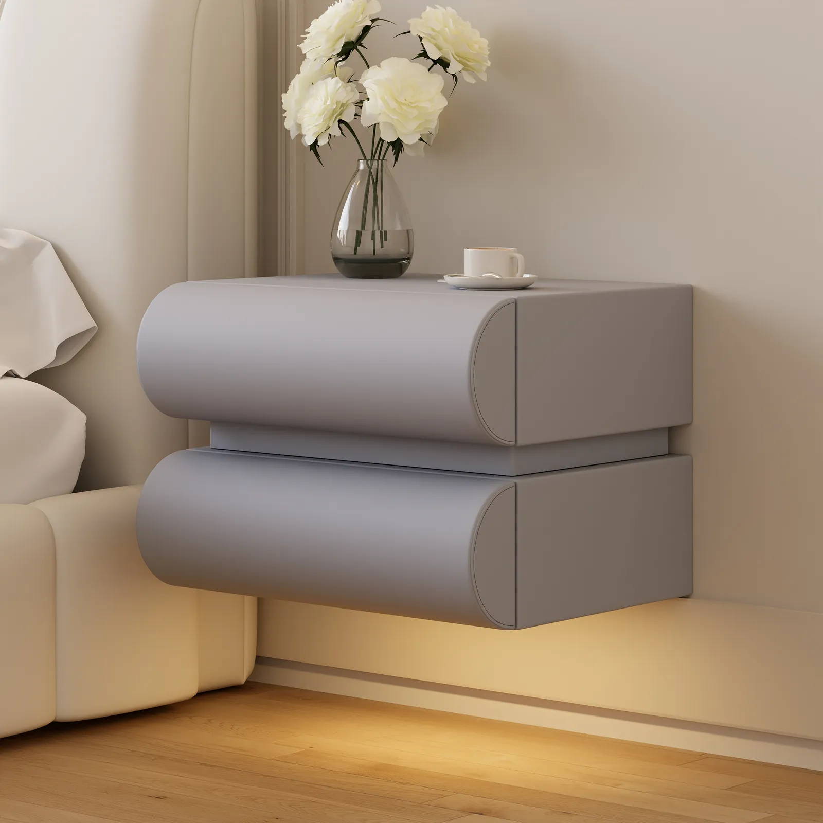 Humply Leather Floating Smart Nightstand with 2 Drawer