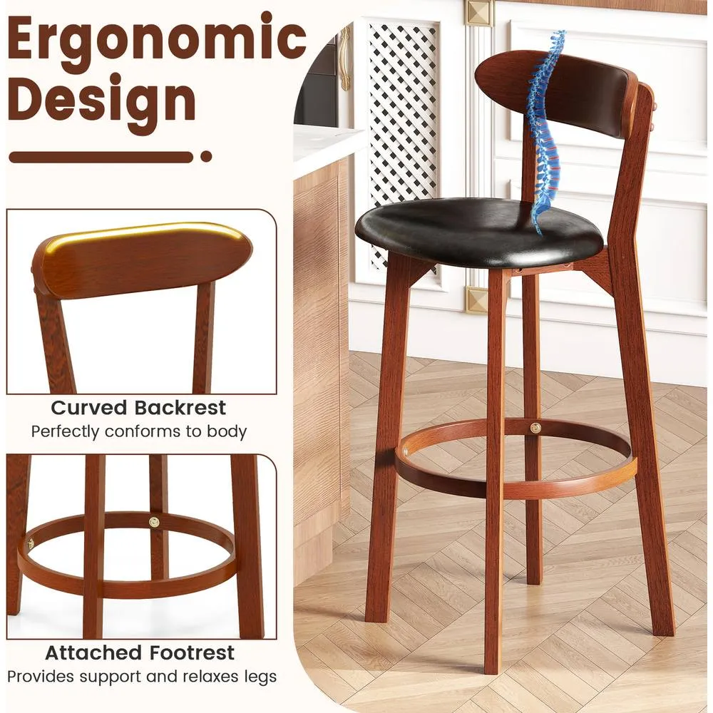 Costway Bar Stool Set of 2 77cm Barstools w/ Curved Backrest-Walnut in Brown 2