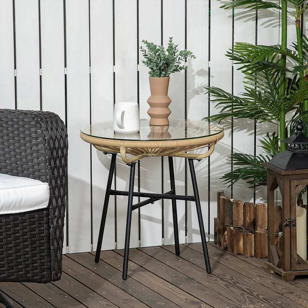 OUTSUNNY Rattan Side Table with Round PE Rattan & Tempered Glass Table Top in Beige