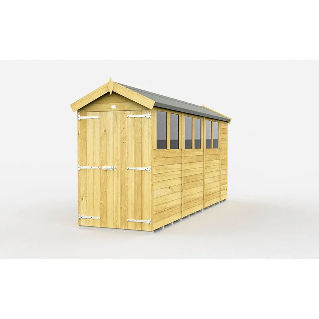 Buttercup Farm 4 x 14 Feet Apex Shed - Double Door W/ Windows - L417 x W118 x H217 cm in Brown