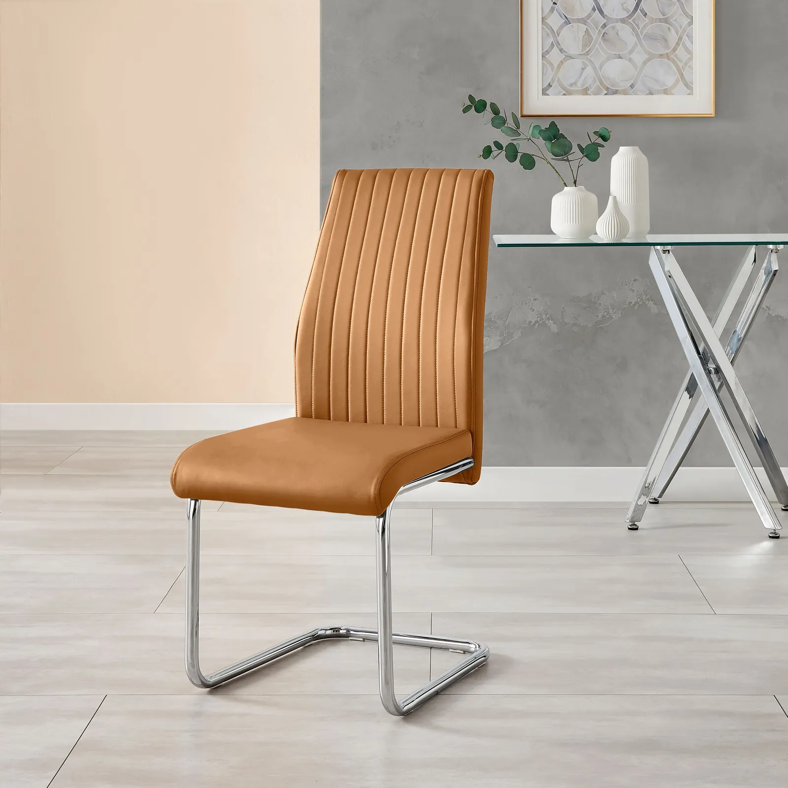 FurnitureboxUK Lorenzo 2x Tan Faux Leather Silver Leg Dining Chair 4
