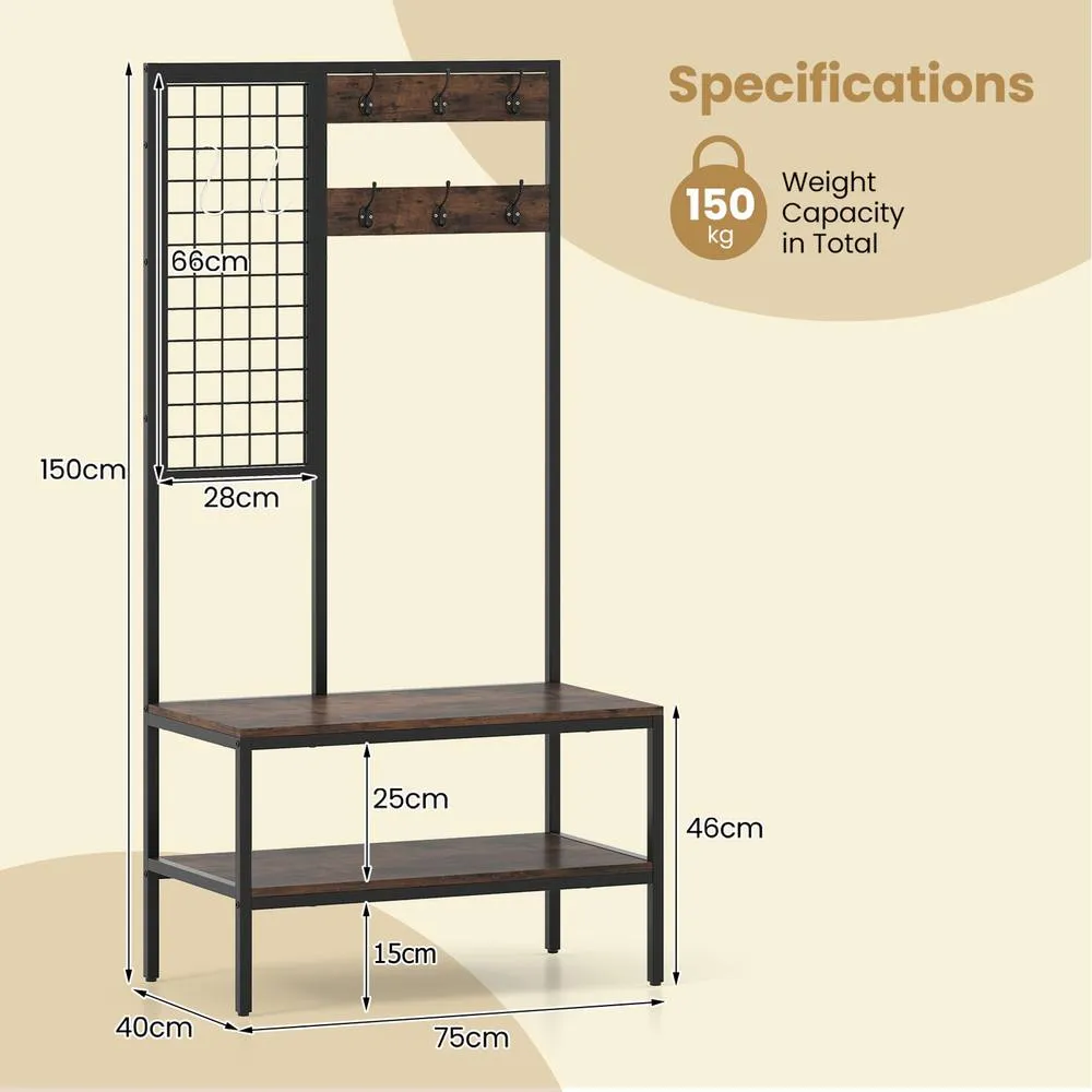 Costway Industrial Coat Rack with Shoe Bench & Wall Grid Panel-Brown in Brown 5