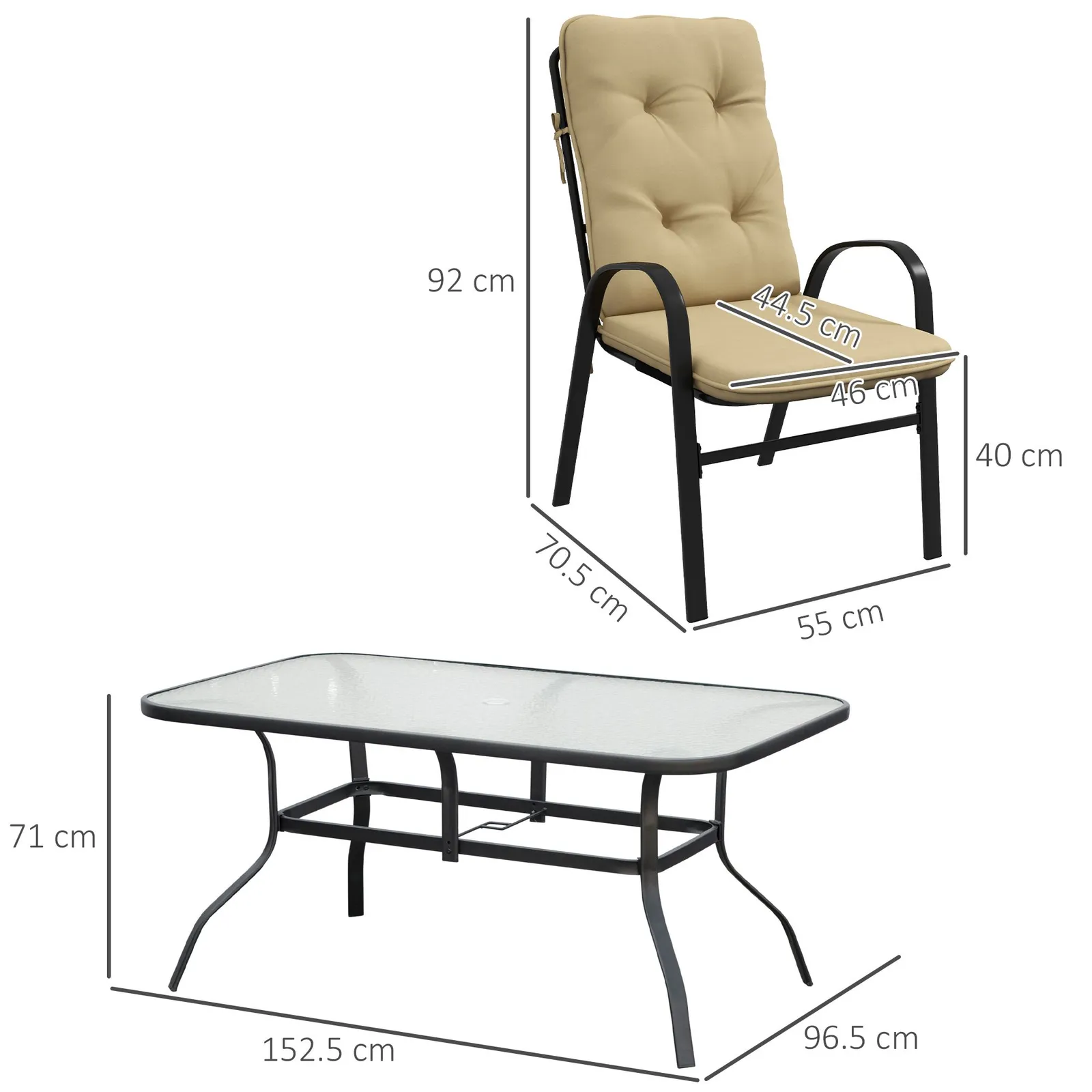 OUTSUNNY 7 PCs Garden Dining Set w/ Umbrella Hole & Cushion in Beige 3