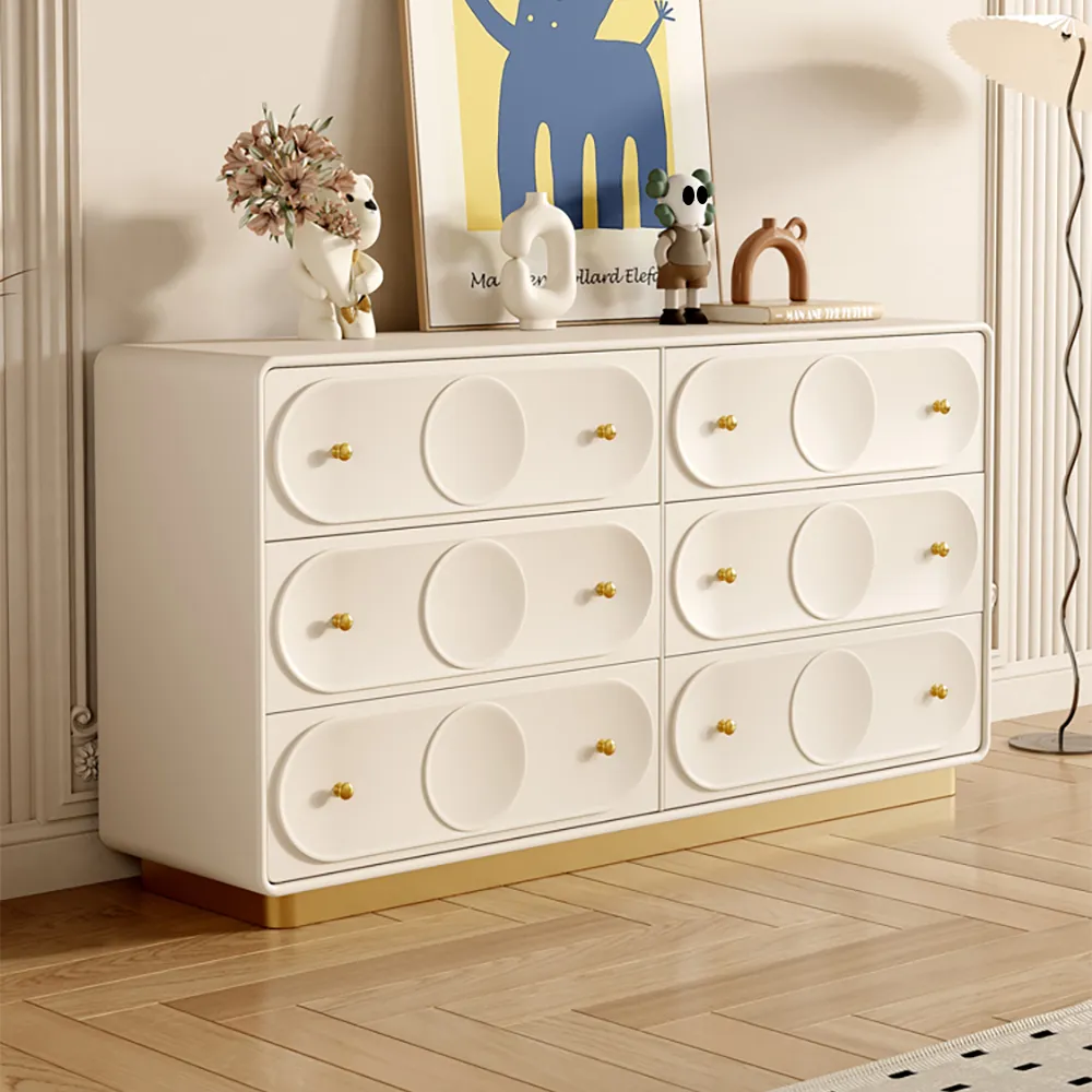 1500 mm Art Deco White & Gold 6 Drawer Dresser Chest with Storage Cabinet