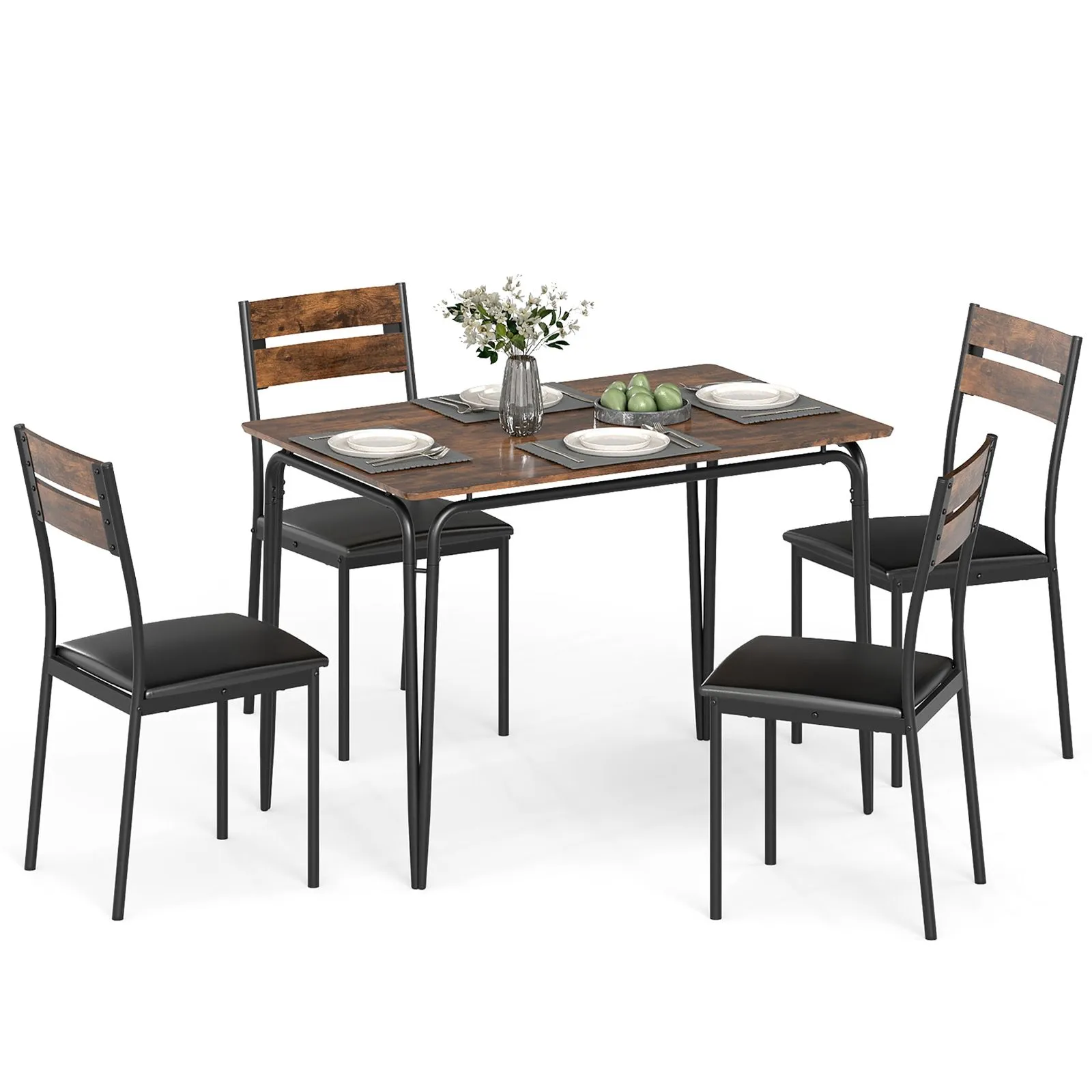 Costway 5PCS Dining Table Set Rectangular Kitchen Table & 4 Armless Chairs in Brown 3