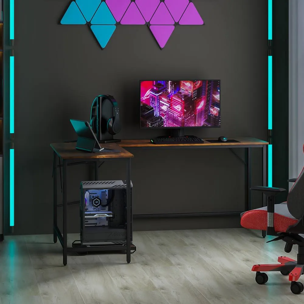 Costway L-Shaped Home Office Desk Computer Corner Desk Gaming Table with CPU Stand in Brown 5