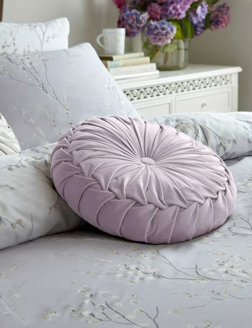 Laura Ashley Rosanna Velvet Round Pleated Cushion Light Purple