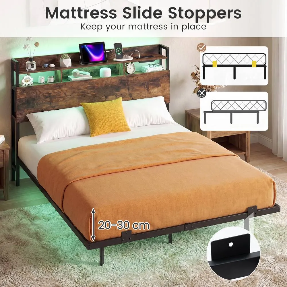 Costway King Size Floating Platform Bed Frame w/ LED Lights & Charging Station in Brown 4
