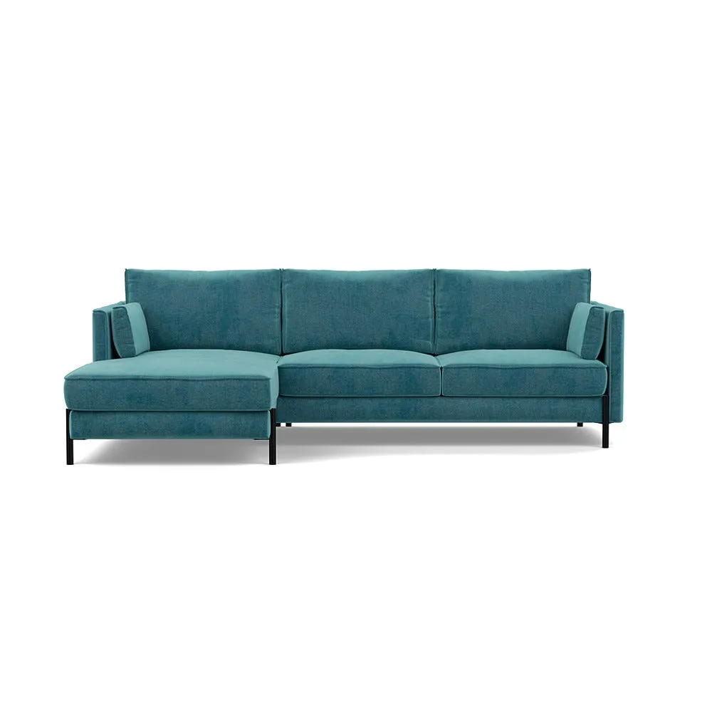Heal's Tortona Left Hand Facing 4 Seater Corner Chaise Smart Luxe Velvet Airforce Blue Black Feet 1