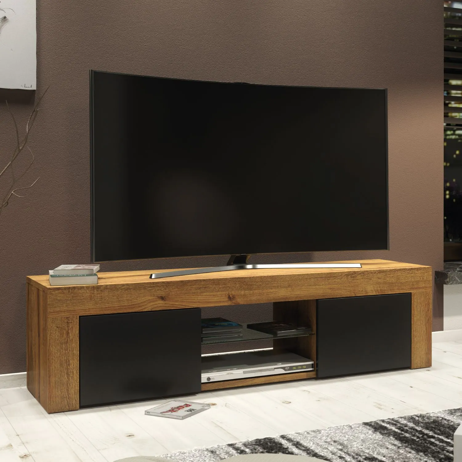 Creative Furniture Loom TV Unit 130cm Modern - Oak with Black Matt Doors in Brown