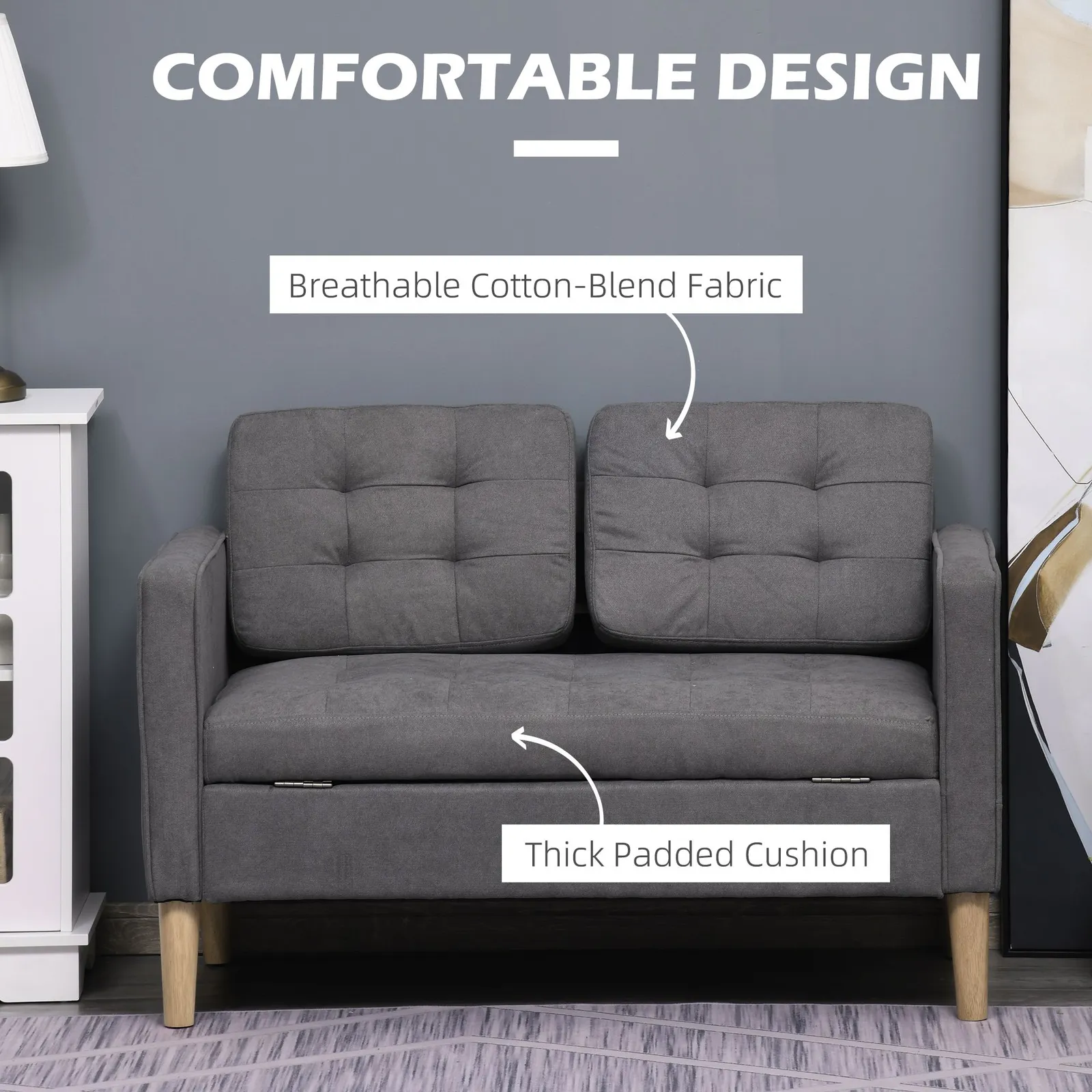 HOMCOM Compact Loveseat Sofa 2 Seater Sofa with Storage & Wood Legs in Grey 6