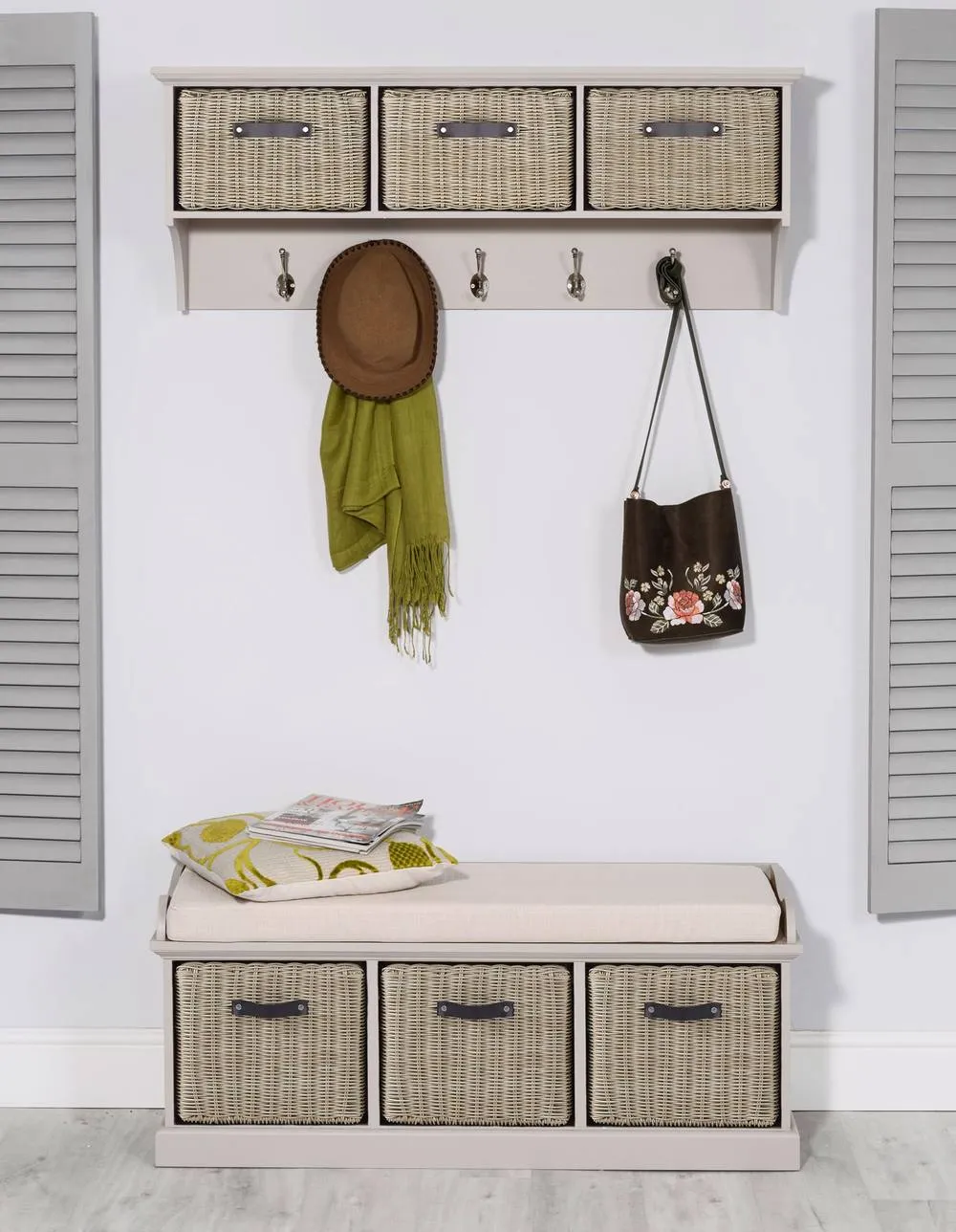 Statement Furniture Tetbury Large Coat Rack Hanging Shelf with 3 Brown Storage Baskets in Taupe 4