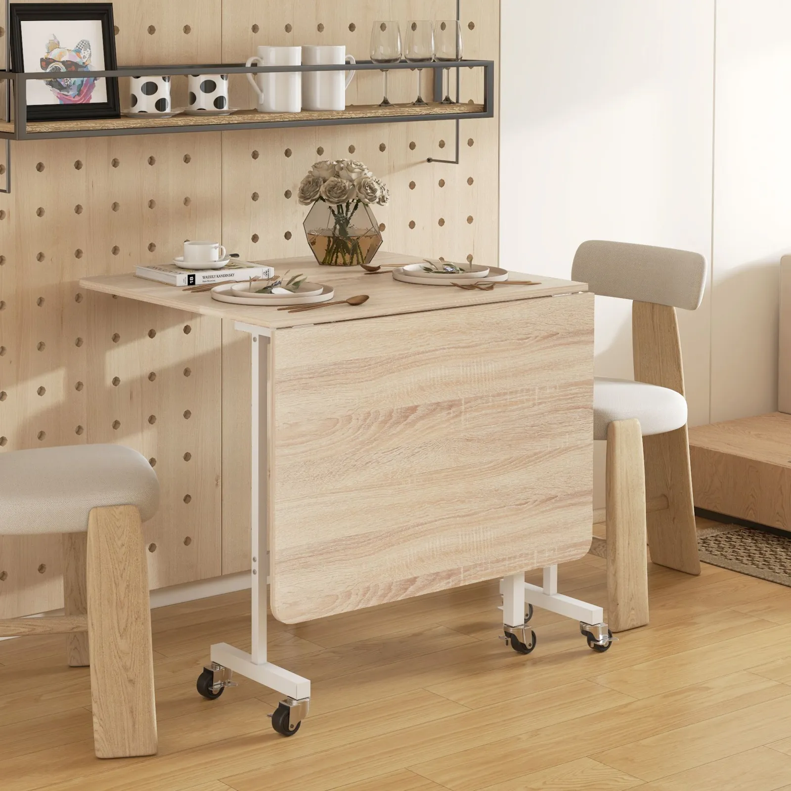 HOMCOM Drop Leaf Table, Folding Dining Table with Metal Frame, Rolling Kitchen Dining Table for Small Spaces, 120cm in Natural 2