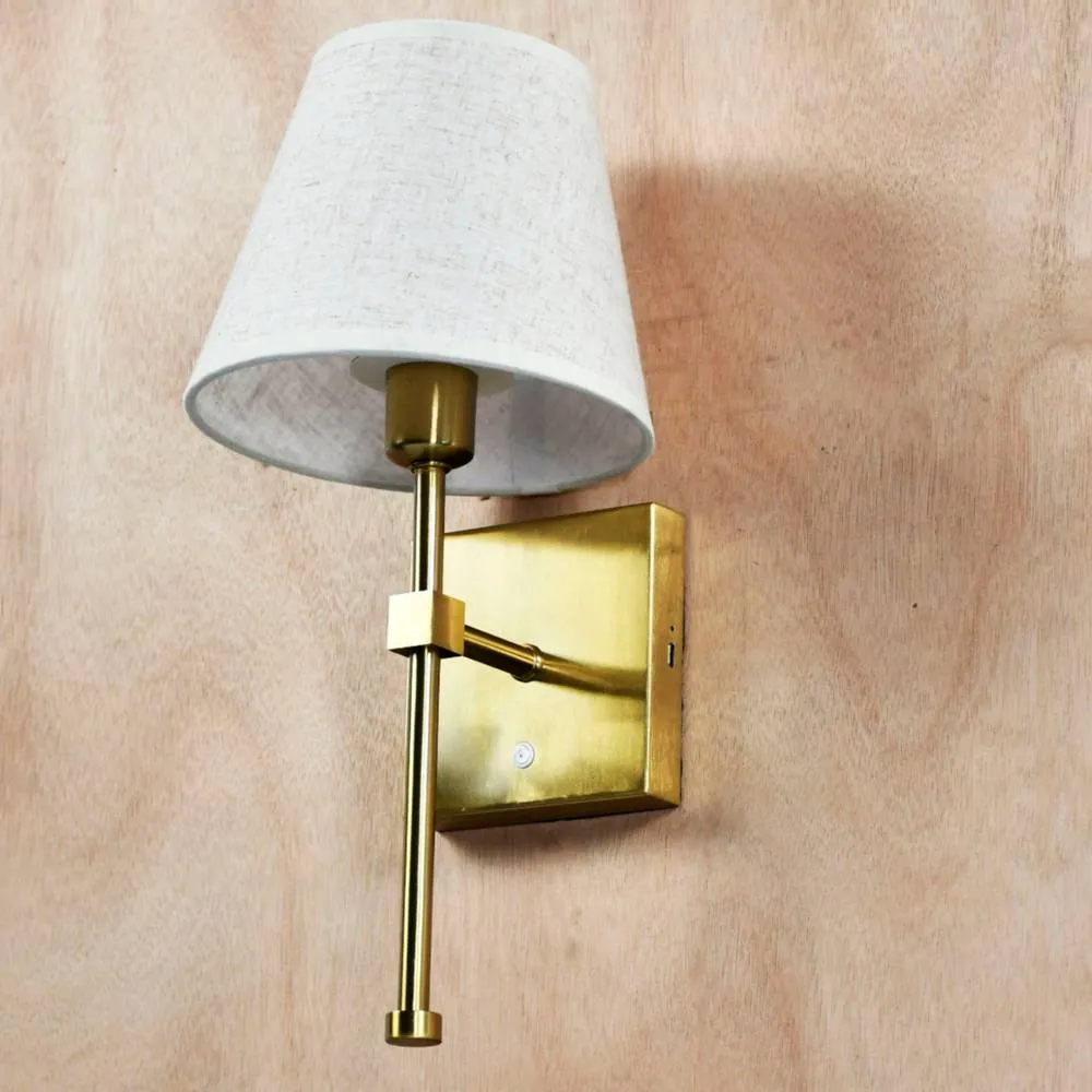 First Choice Lighting Horrace - Satin Brass Rechargeable Wall Light with Linen Shade in Gold 3