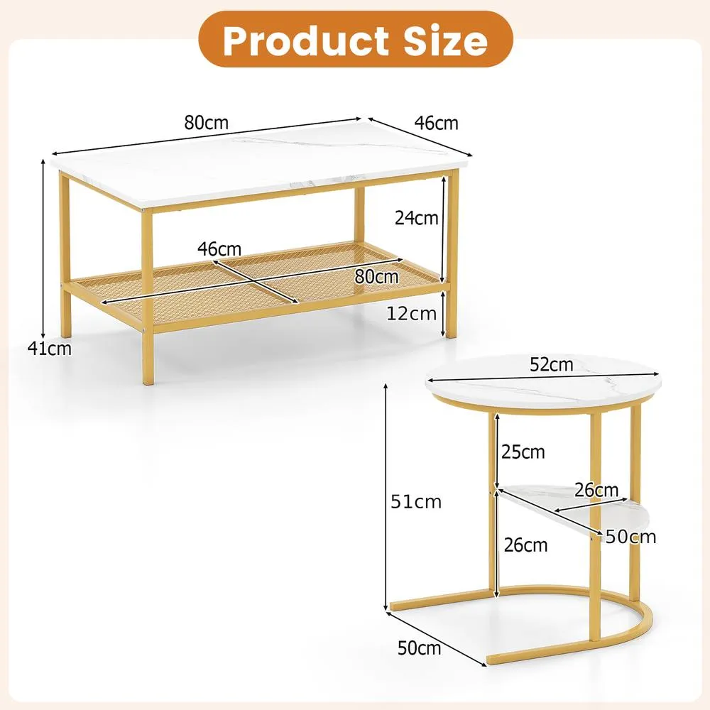 Costway 2PCS Nesting Faux Marble Coffee Table 2-in-1 Detachable Side Table Set 2