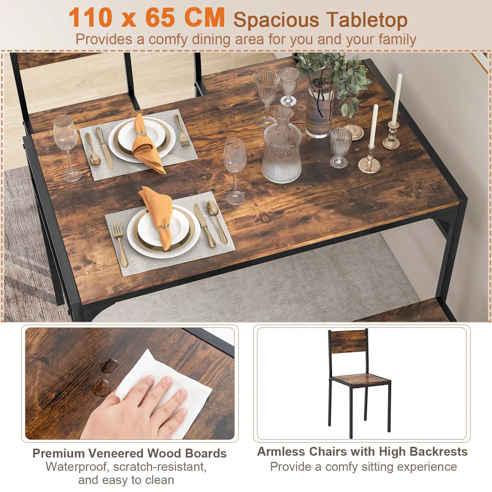 Costway 4PCS Dining Table Set for 4 Industrial Rectangular Kitchen Table with Chairs & Bench Metal Frame in Brown 4