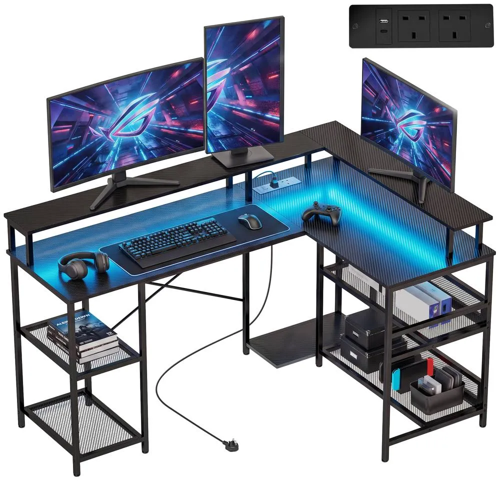 HOMCOM L Shaped Gaming Desk w/ LED Lights & Power Outlets, Black