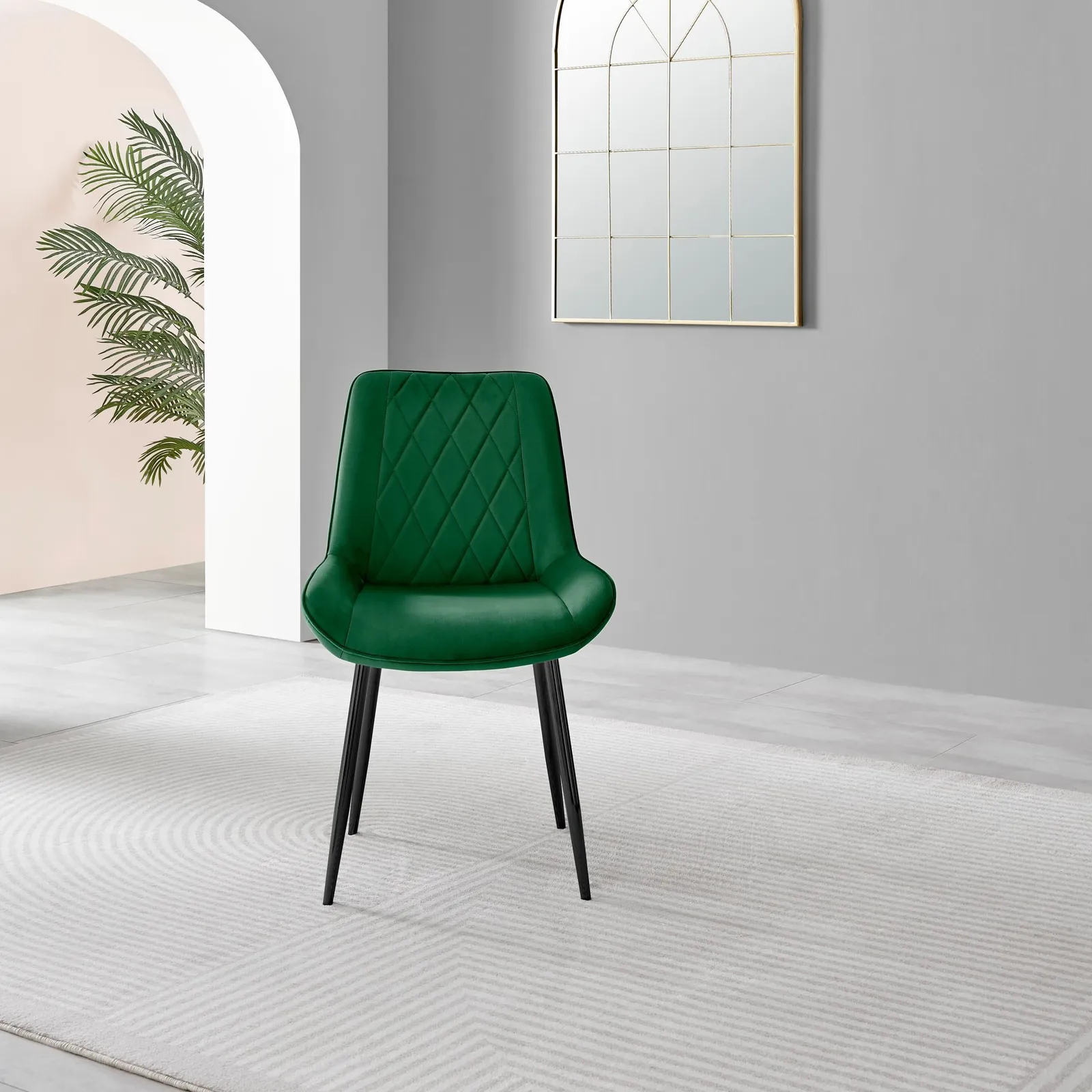FurnitureboxUK Set of 2 Pesaro Luxury Velvet Dining Chairs With Diamond Stitched Back & Black Metal Legs in Green 4