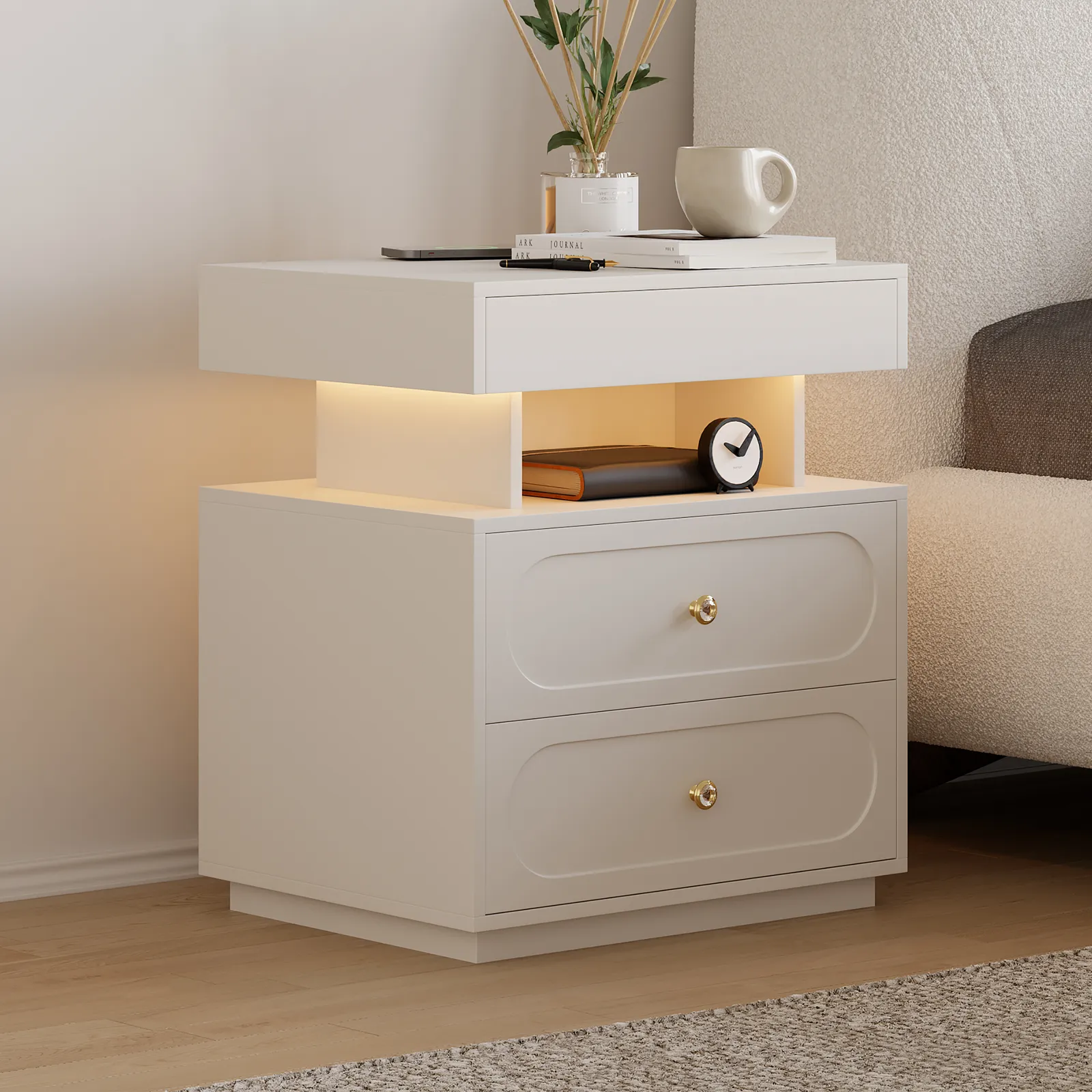 Modern Smart Nightstand with Light 2 Drawer Bedside Table with Charging Station