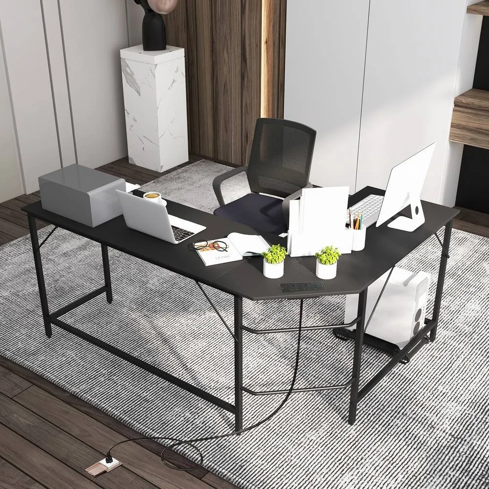 Costway L Shaped Home Office Desk Computer Corner Desk Gaming Table with CPU Stand in Black