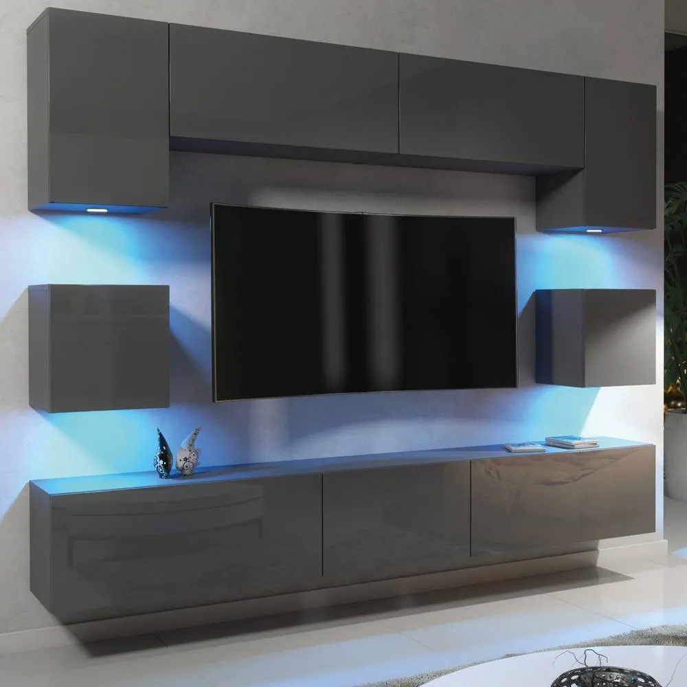 Creative Furniture Panorama Wall TV Unit - Dark Grey with Gloss Doors & LED Lights 3