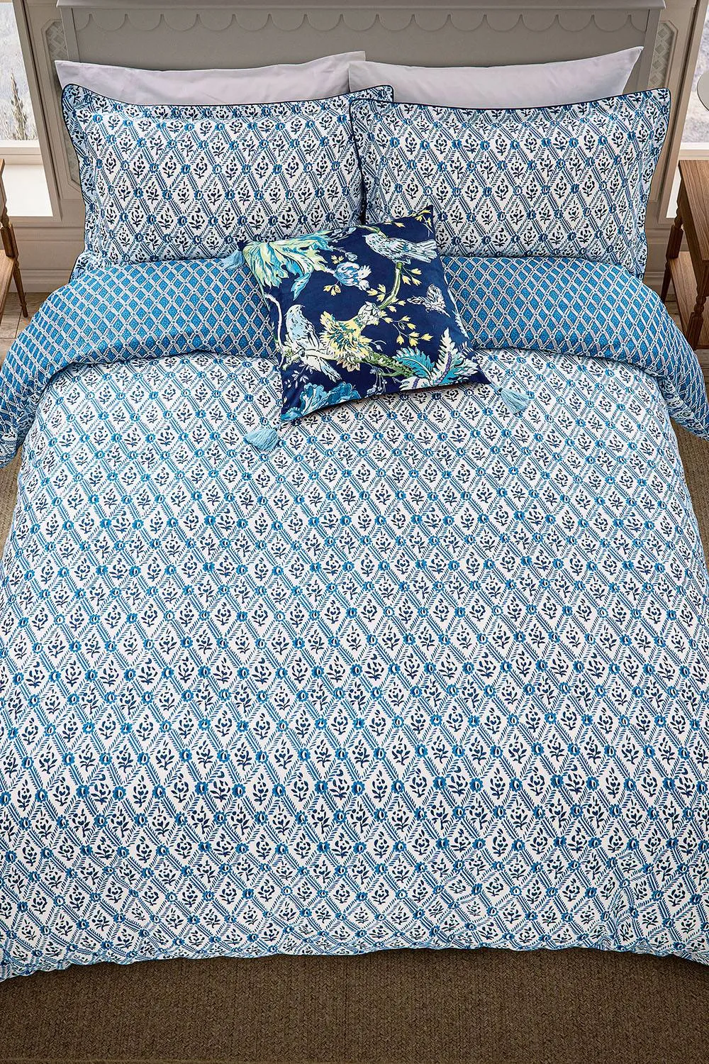 English Heritage 'St John's Trellis' Cotton Duvet Cover Set in Blue