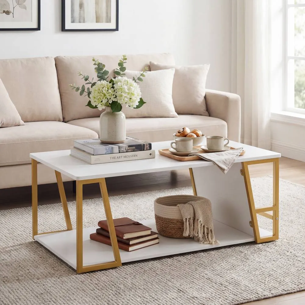 Costway Rectangle Coffee Table 2-tier Cocktail Center Accent Table w/ Shelf 4