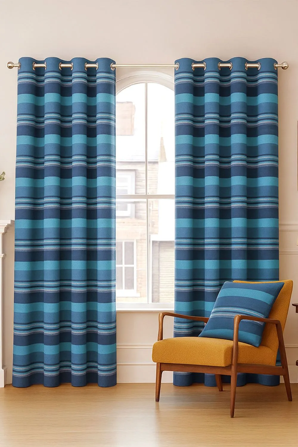 Homescapes Cotton Morocco Striped Curtain Pair in Blue 1