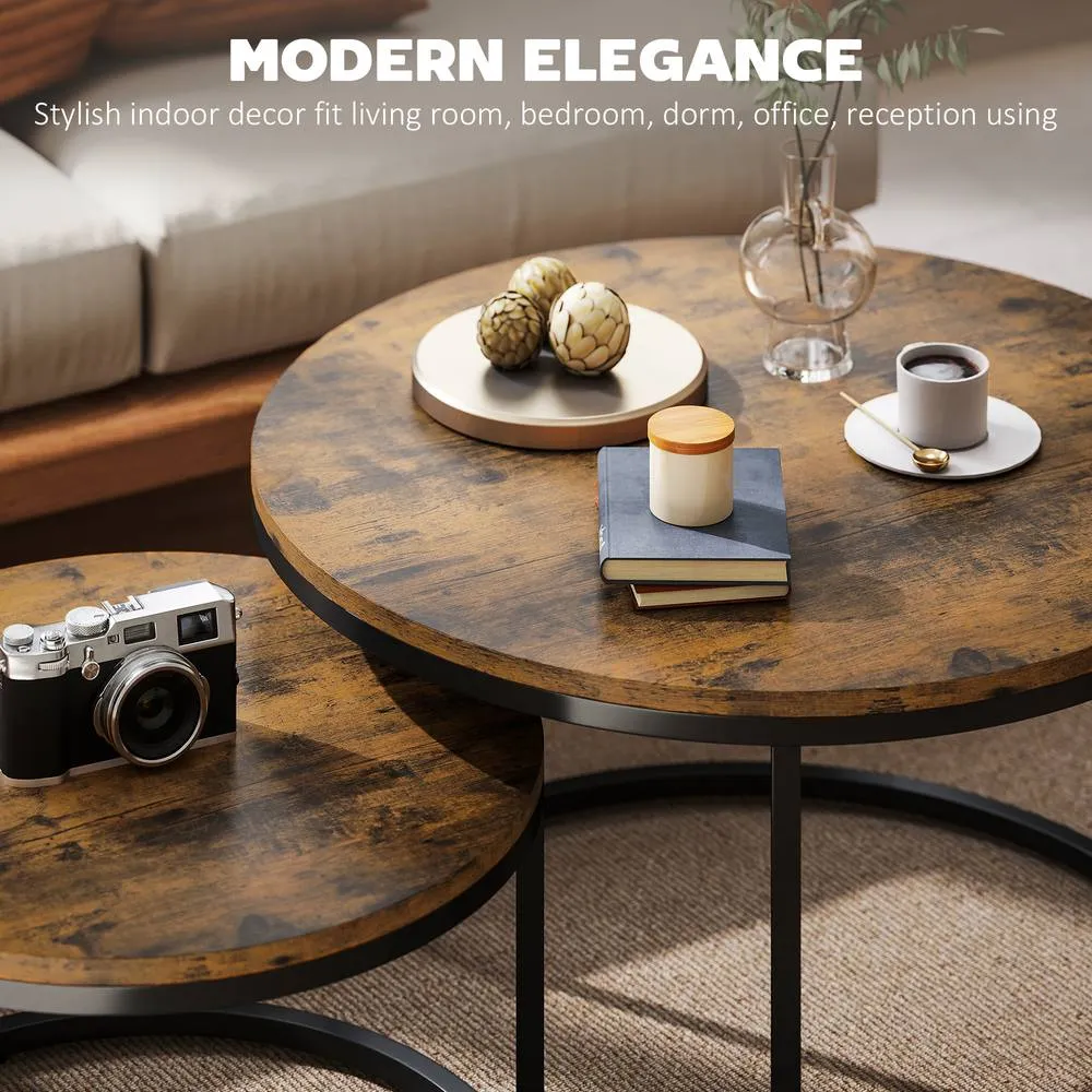 HOMCOM 2 Pcs Stacking Coffee Table Set with Steel Frame in Brown 4