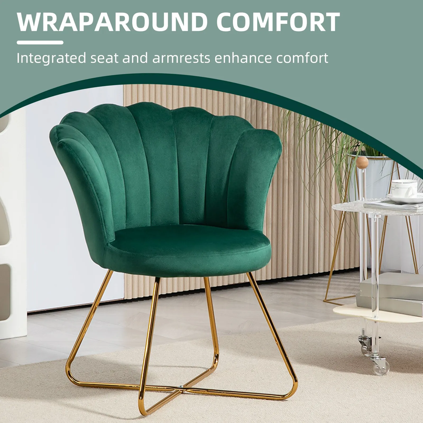 HOMCOM Accent Chair, Velvet Armchair with Lotus Backrest, Steel Legs, Green 4