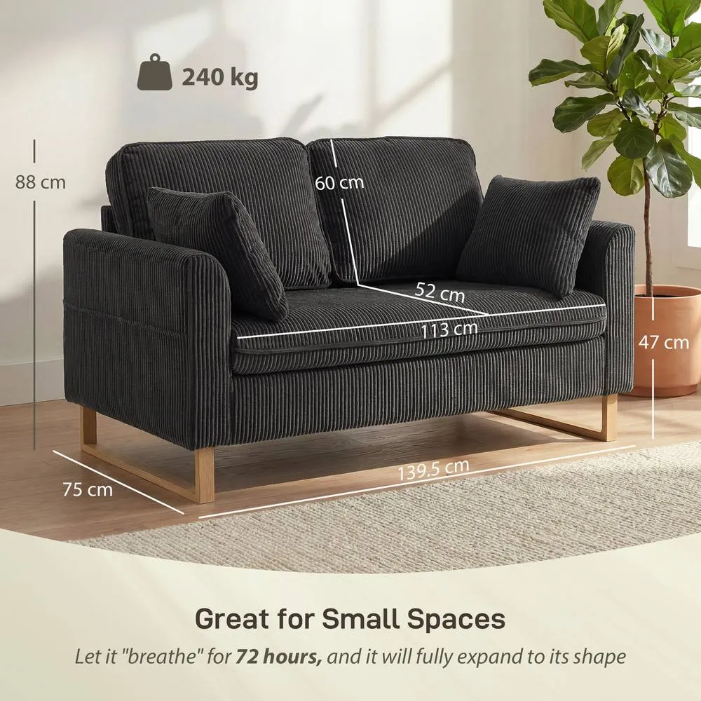 HOMCOM 2 Seater Sofa, Corduroy Sofa w/ Spring Cushions 2 Pillows, Dark Grey 3
