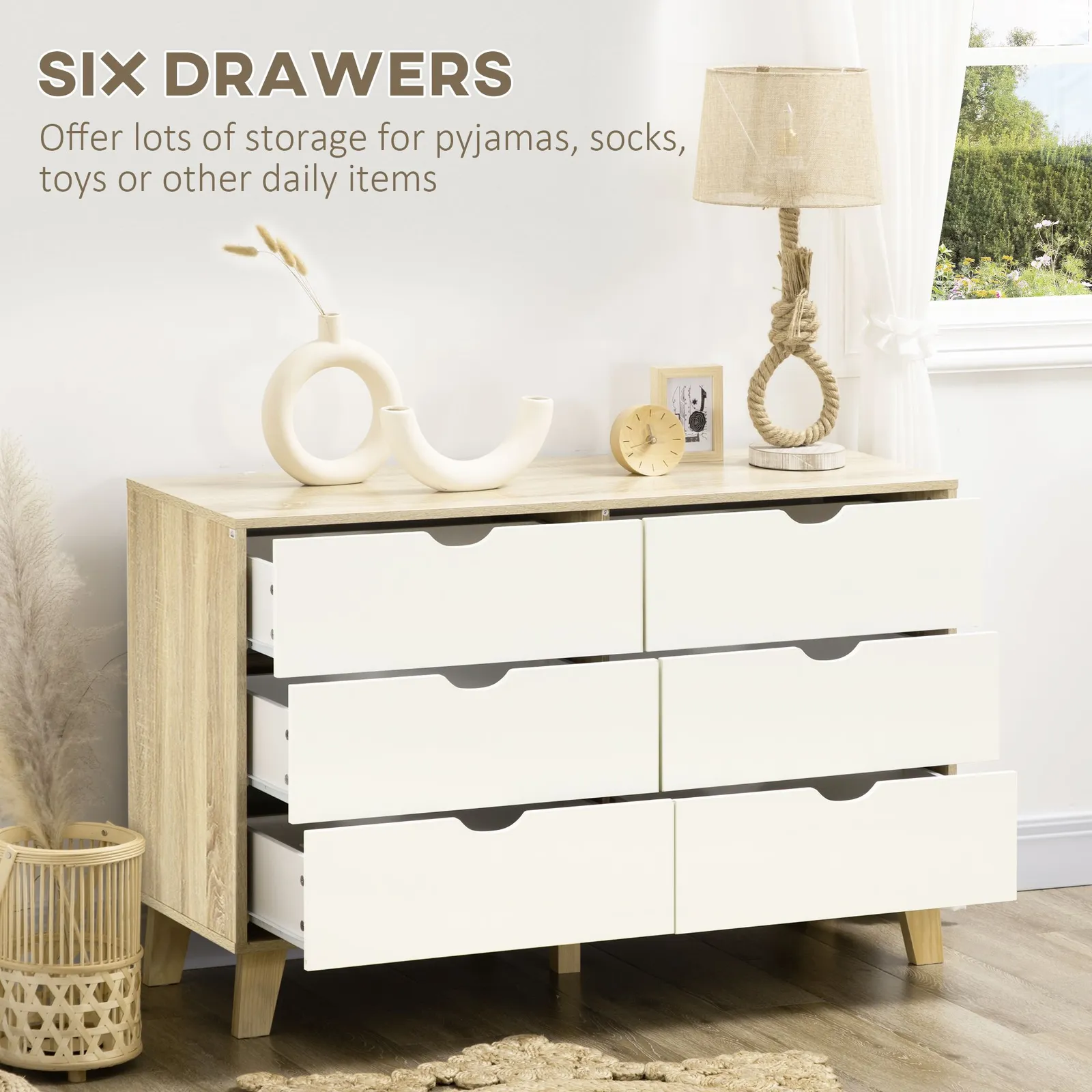 HOMCOM Chest of Drawers 6 Drawer Dresser Storage Cabinet White & Brown in Light Brown 5