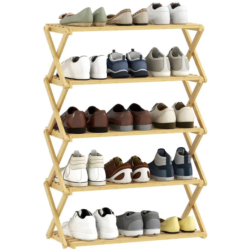 HOMCOM Bamboo Shoe Rack, Folding Shoe Shelf in Natural