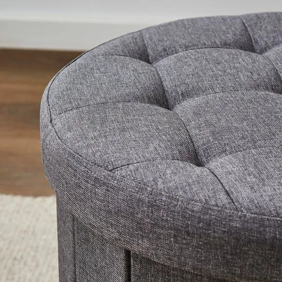 Faux Linen Round Ottoman 2