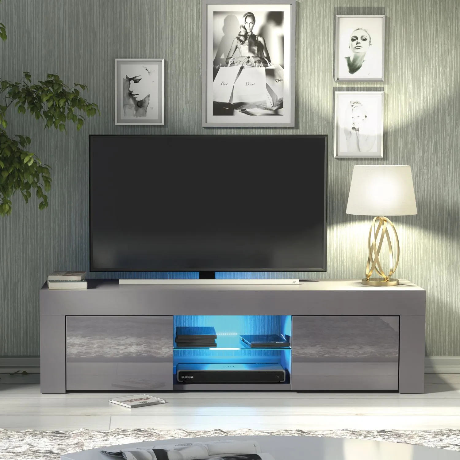 Creative Furniture Loom TV Unit 130cm - A Minimalist & Sophisticated Cabinet with Gloss Doors & LED Lights in Dark Grey
