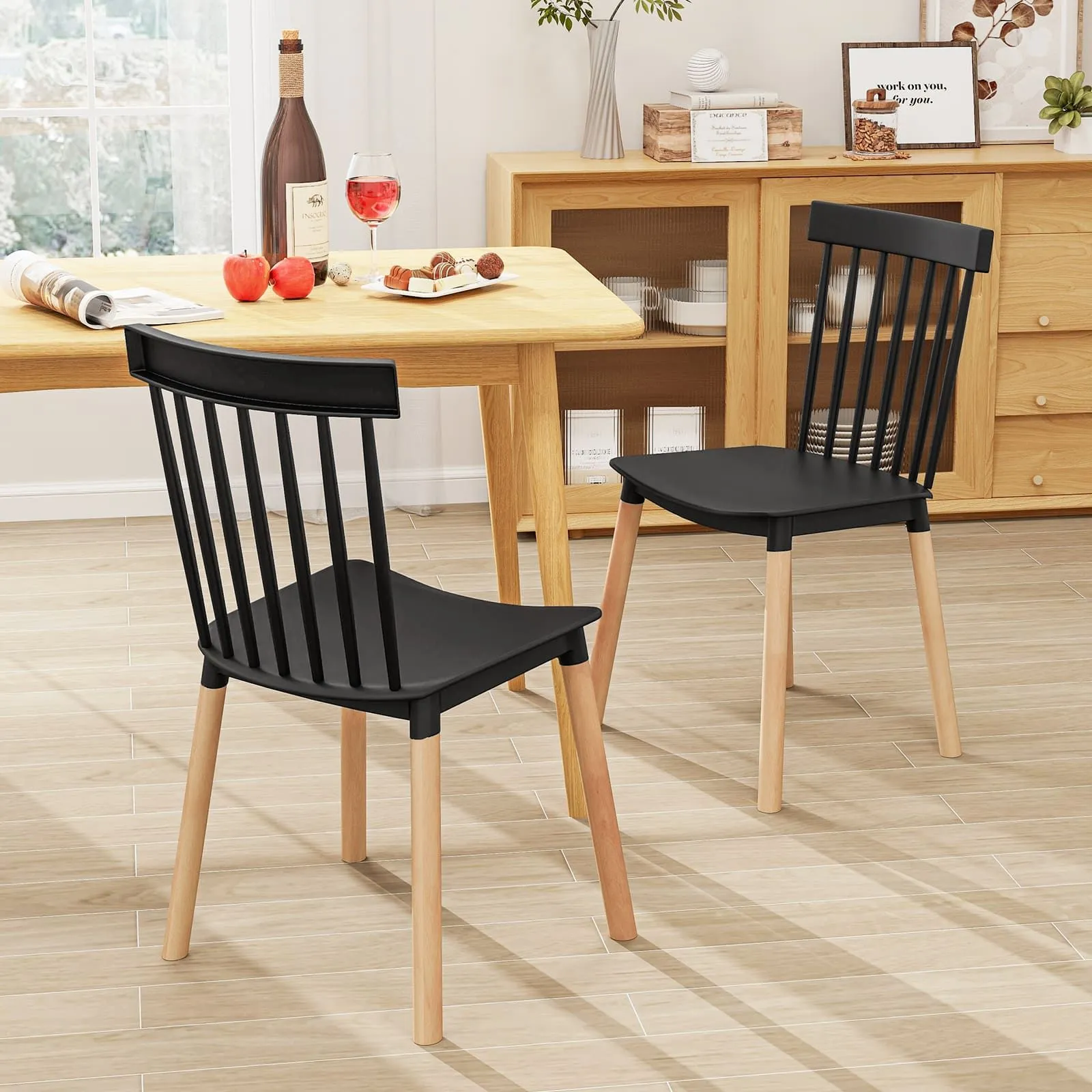 Costway Set of 4 Windsor Dining Chairs Kitchen Armless Side Chairs-Black in Black 6