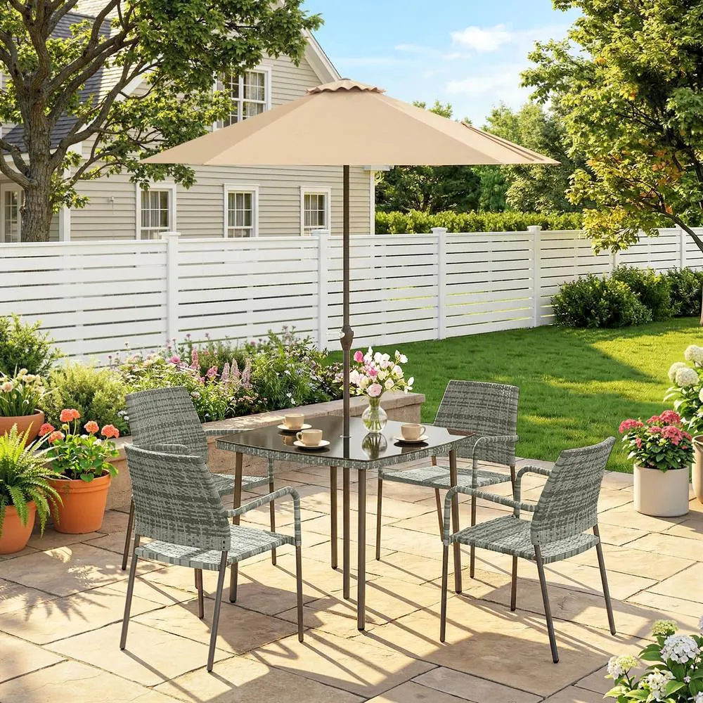 OUTSUNNY 4 Seater Rattan Dining Set with Parasol, Light Grey