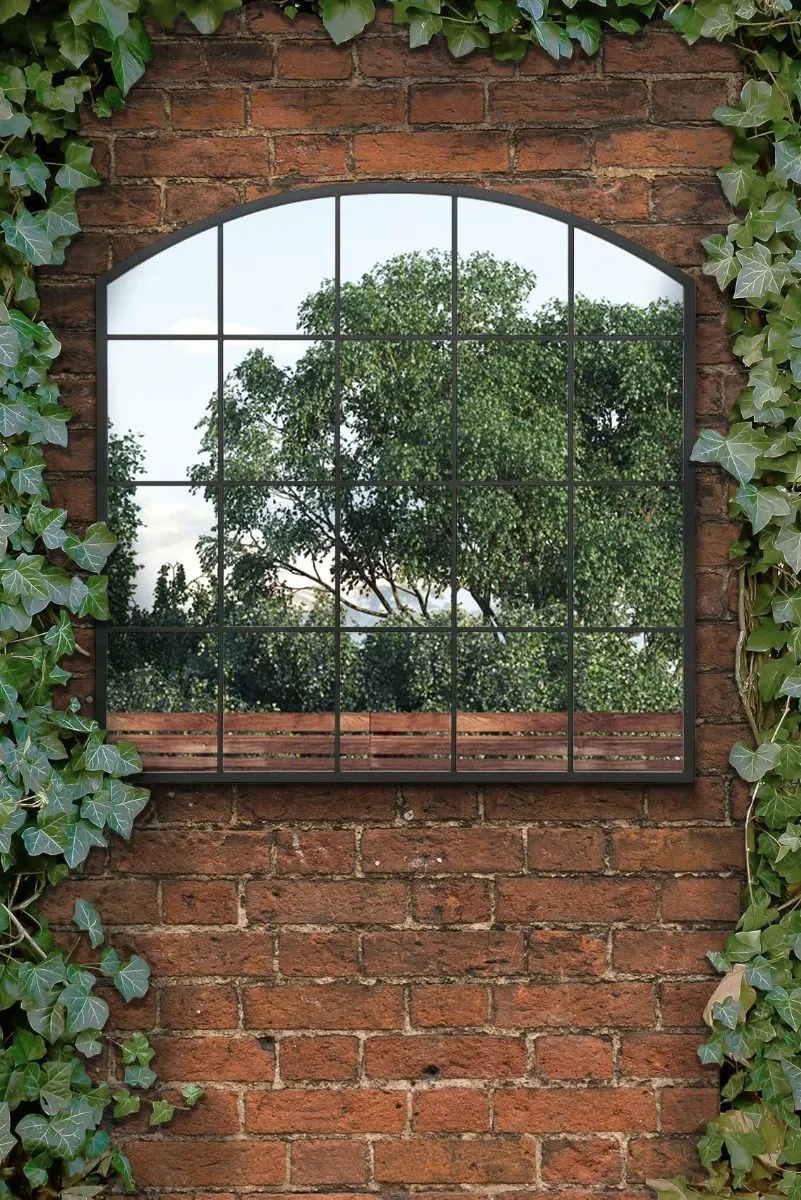 MirrorOutlet Black Framed Arched Window Garden Mirror 39"x39" 100x100CM