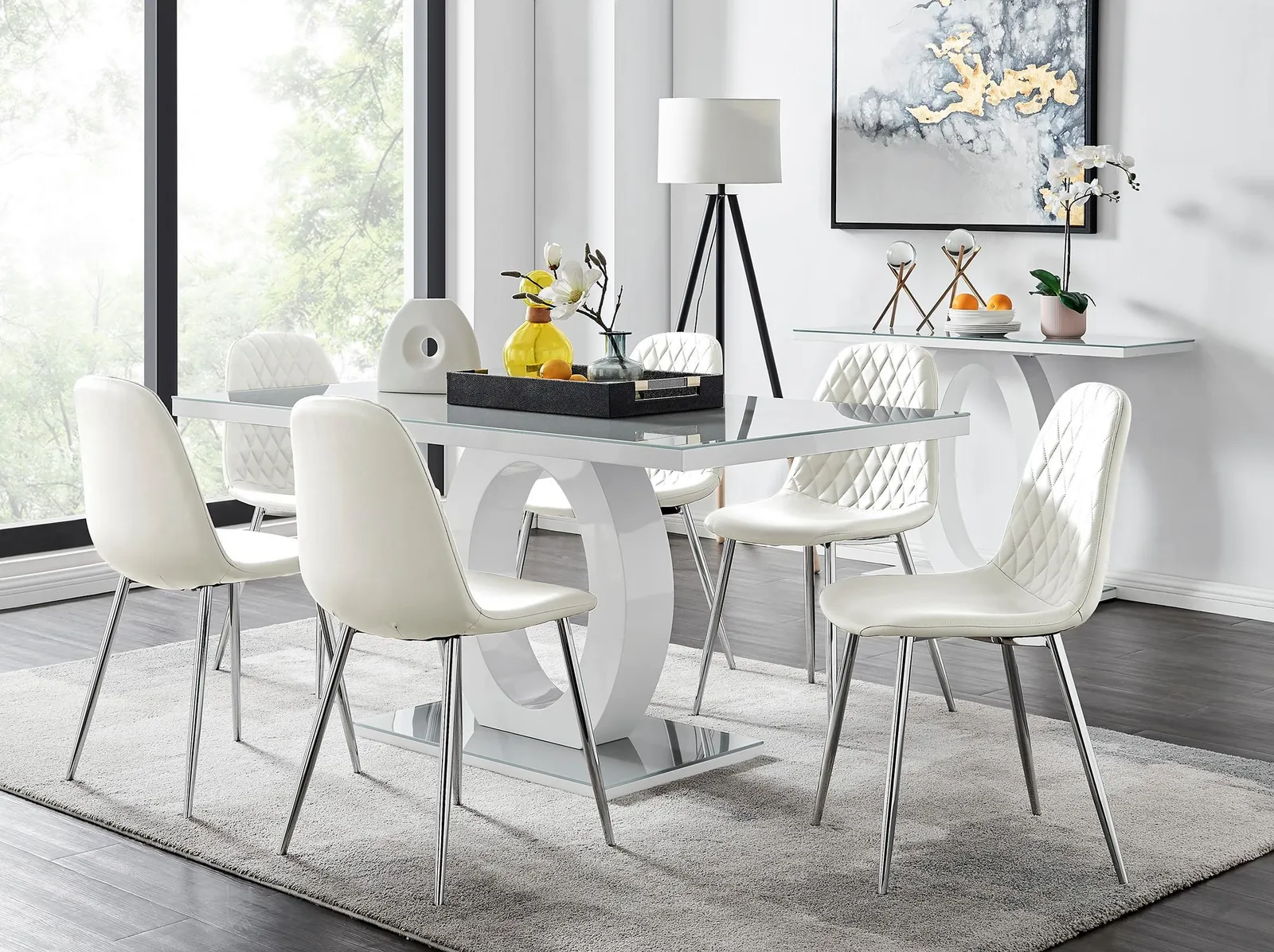 FurnitureboxUK Giovani 6-Seater Grey Glass Dining Table & 6 Corona Faux Leather Dining Chairs in White