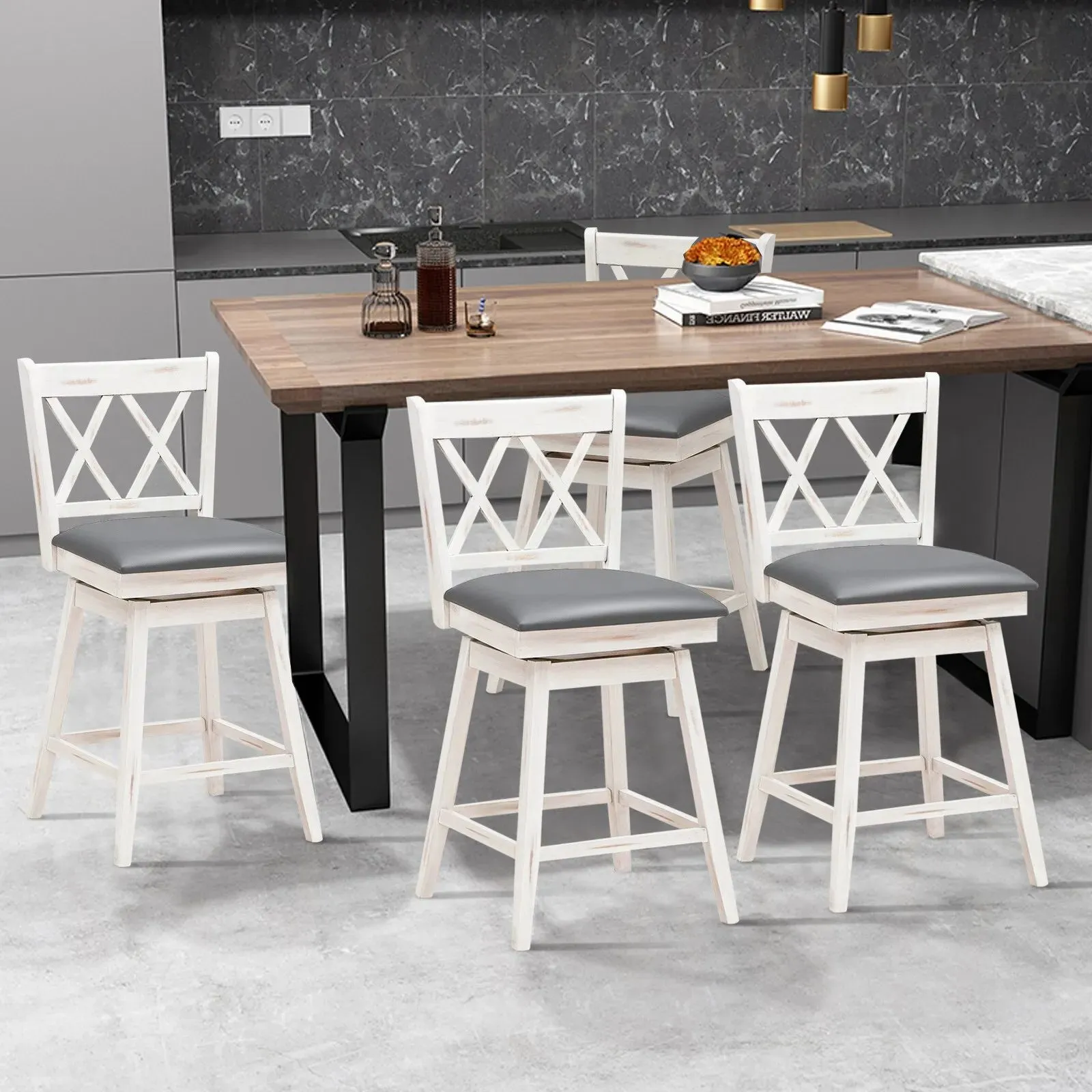 Costway Set of 2 Bar Stools Counter Height Chair Pub 360 °Swiveling Upholstered Seat 24" in White 6