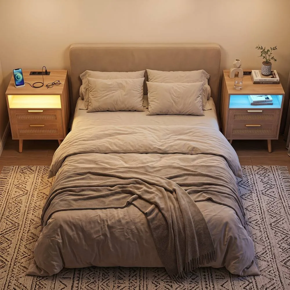 Costway Rattan Bedside Table with Charging Station & LED Lights in Natural 5