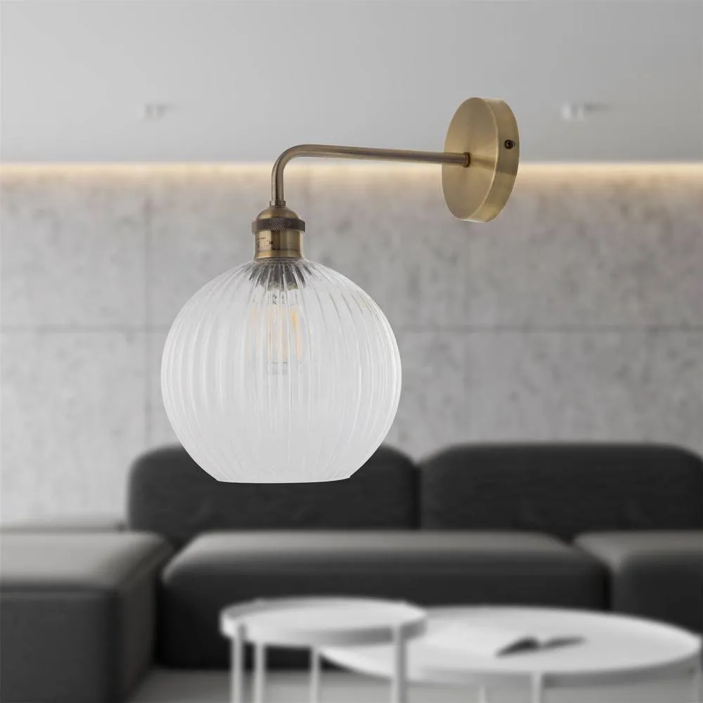 First Choice Lighting Isaac - Antique Brass Wall Light with Clear Ribbed Glass Shade in Gold 3