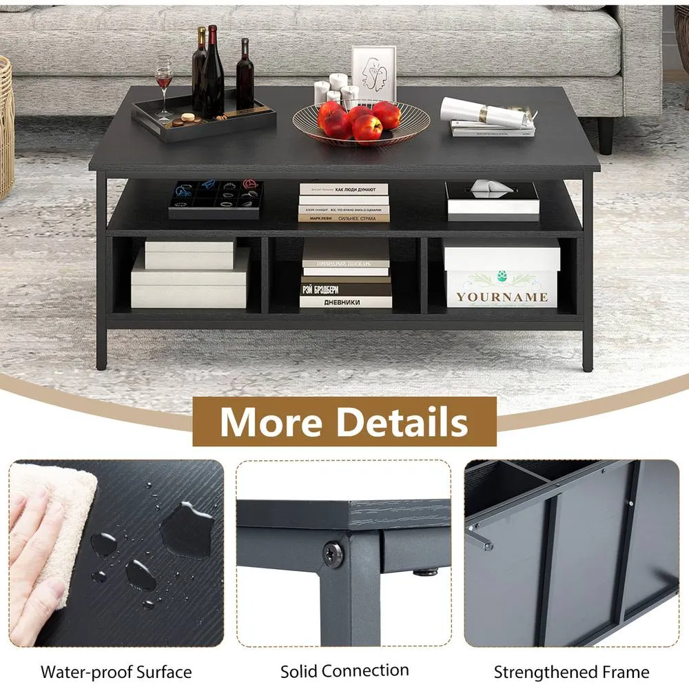 Costway Industrial 3-Tier Coffee Table Rectangular Center Table w/Shelf-Black in Black 5