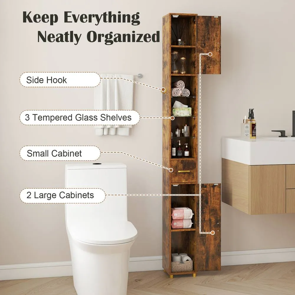 Costway 180 cm Tall Bathroom Cabinet Narrow Storage Organizer w/ 3 Doors in Brown 4