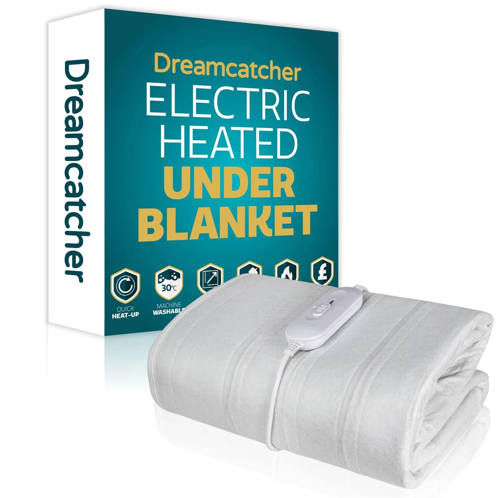 Dreamcatcher Single Electric Blanket Heated Bed Under Blanket Polyester Detachable Control 3 Heat Settings in White