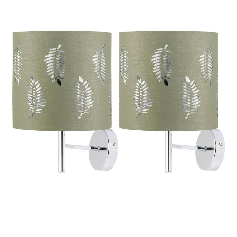 First Choice Lighting Set of 2 Brea - Chrome Wall Lights with Sage Green Fern Shades in Silver