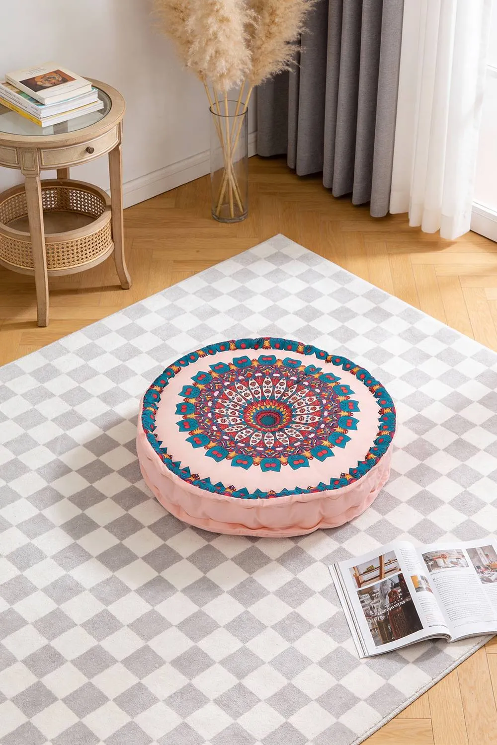 Living and Home Ethnic Geometric Round Tatami Seat Cushion in Pink