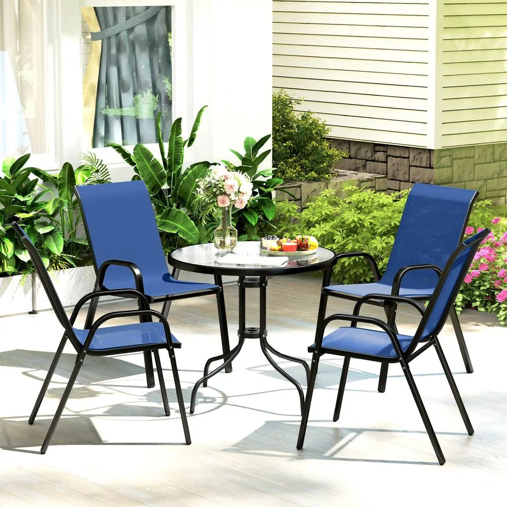 OUTSUNNY 5 PCs Garden Furniture Set, Round Table & Stackable Chairs, Blue in Dark Blue