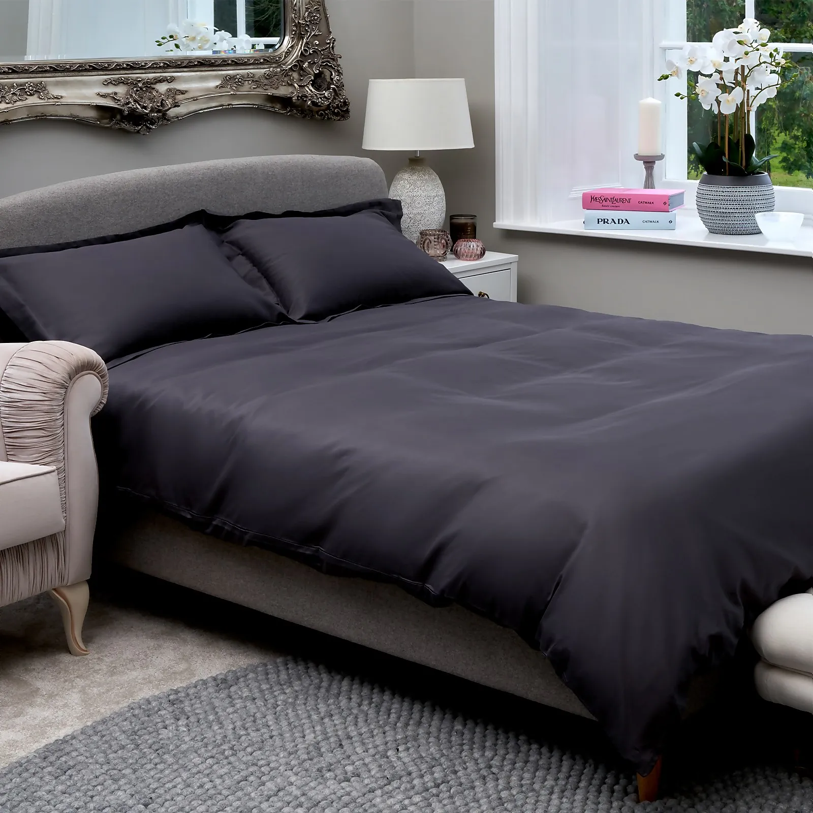 The Willow Manor Egyptian Cotton Sateen 300 Thread Count Super King Duvet Set - Steel