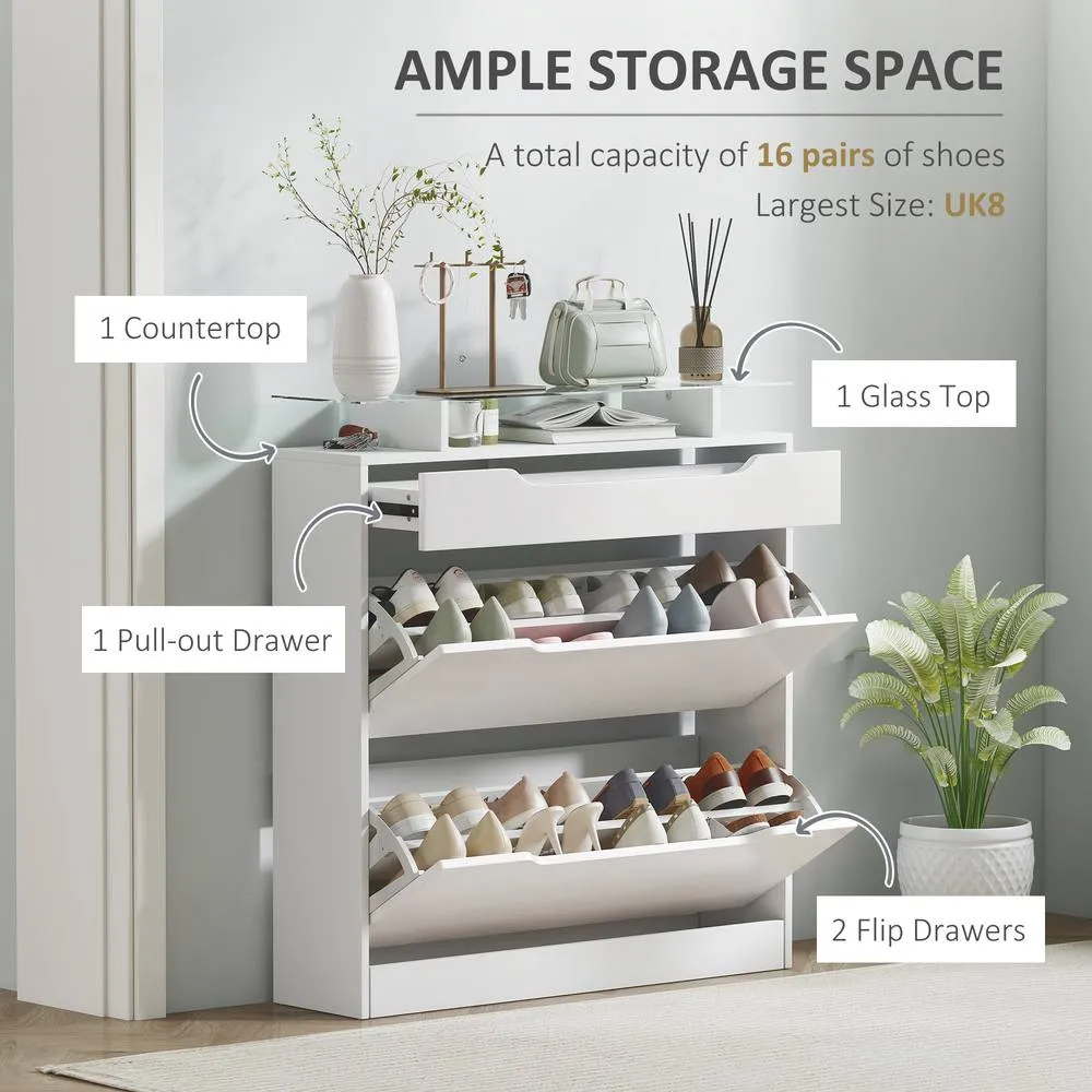 HOMCOM Shoe Cabinet with 3 Drawers, High Gloss Front Panels, Glass Top White 4